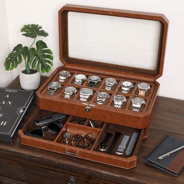 rothwell 12 Slot Leather Watch Box with Valet Drawer - Luxury Watch Case Display Organizer