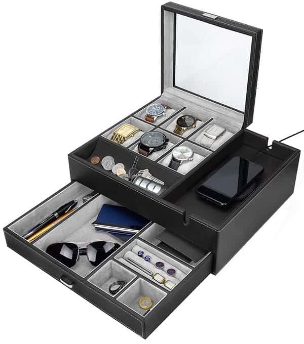 HOUNDSBAY Commander Dresser Valet Watch Box Case & Mens Jewelry Box