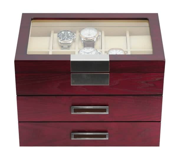 TimelyBuys Luxury 30 Cherry Wood Watch Box Display Case 3 Level Storage